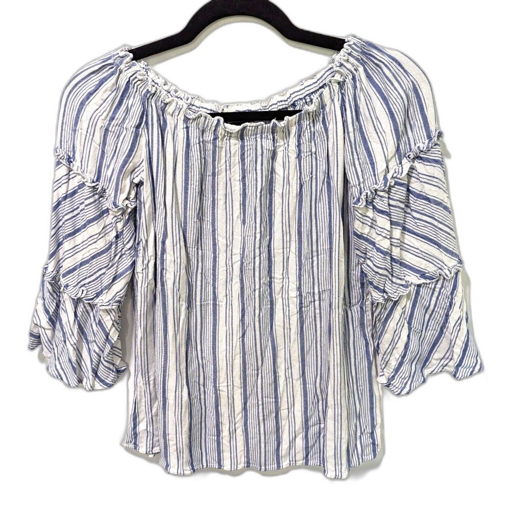 Drew Women's Size Small Boho Flowy Top White Blue Pinstripe Blouse